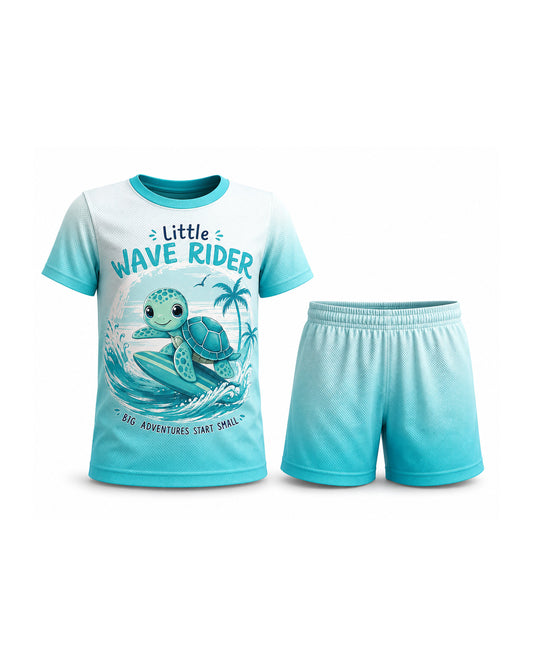 Tiny Sprouts Wave Rider Kids AOP Sports Set - t-shirt and shorts, front view