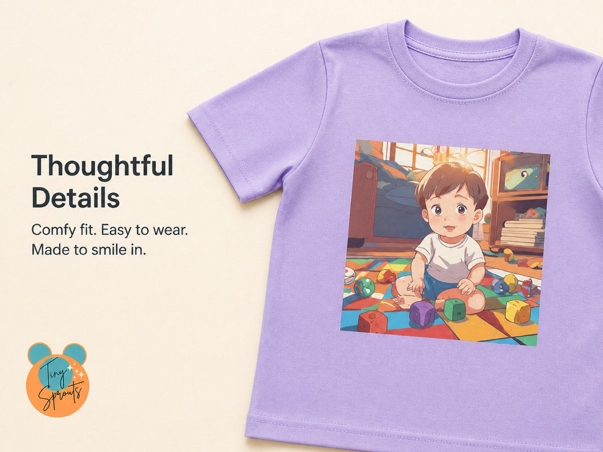 Tiny Sprouts Boy with Toys Toddler T-Shirt – detail close-ups