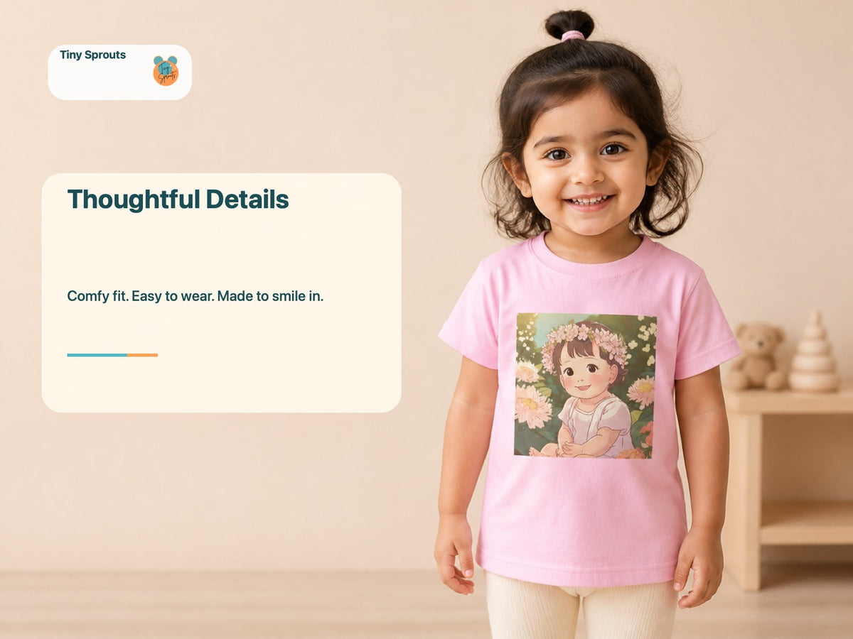 Tiny Sprouts Smiling Girl Toddler T-Shirt – detail close-ups